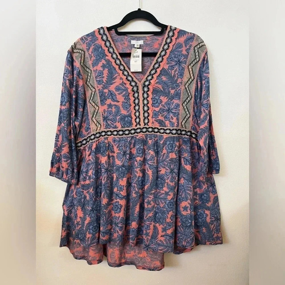 J Jill Sz MP Tunic Style Top Floral Boho Coral and Blue Metallic Lace Detail - Picture 7 of 10
